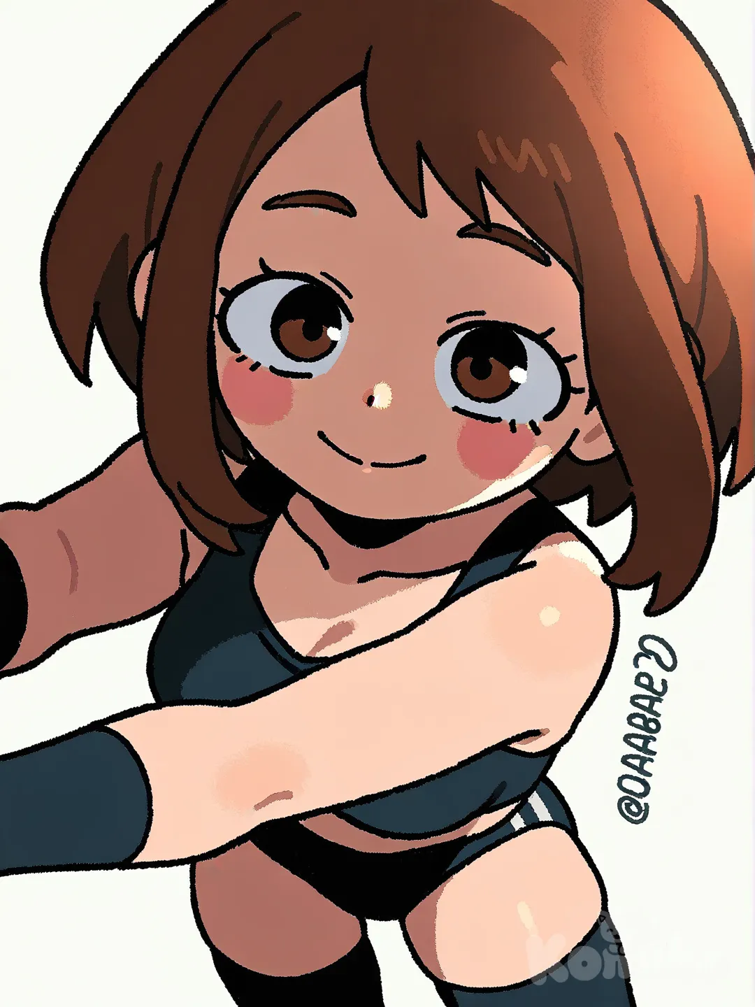 @Uraraka_Ochako, 1girl, black sporty bra, black buruma (black underwear), buruma, rubber buruma, long black socks, [thick-outline-style], upper body, side light, white background, half closed eyes, smile