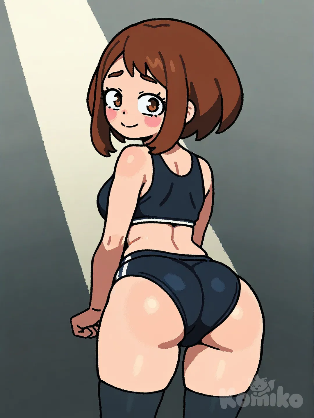 @Uraraka_Ochako, 1girl, black sporty bra, black buruma (black underwear), buruma, rubber buruma, long black socks, [thick-outline-style], upper body, white background, half closed eyes, smile, stage light, padded puffed up buruma under clothes, padded under clothes, padded puffed up buruma, thick padding ballooned buruma, showing his butt, looking back