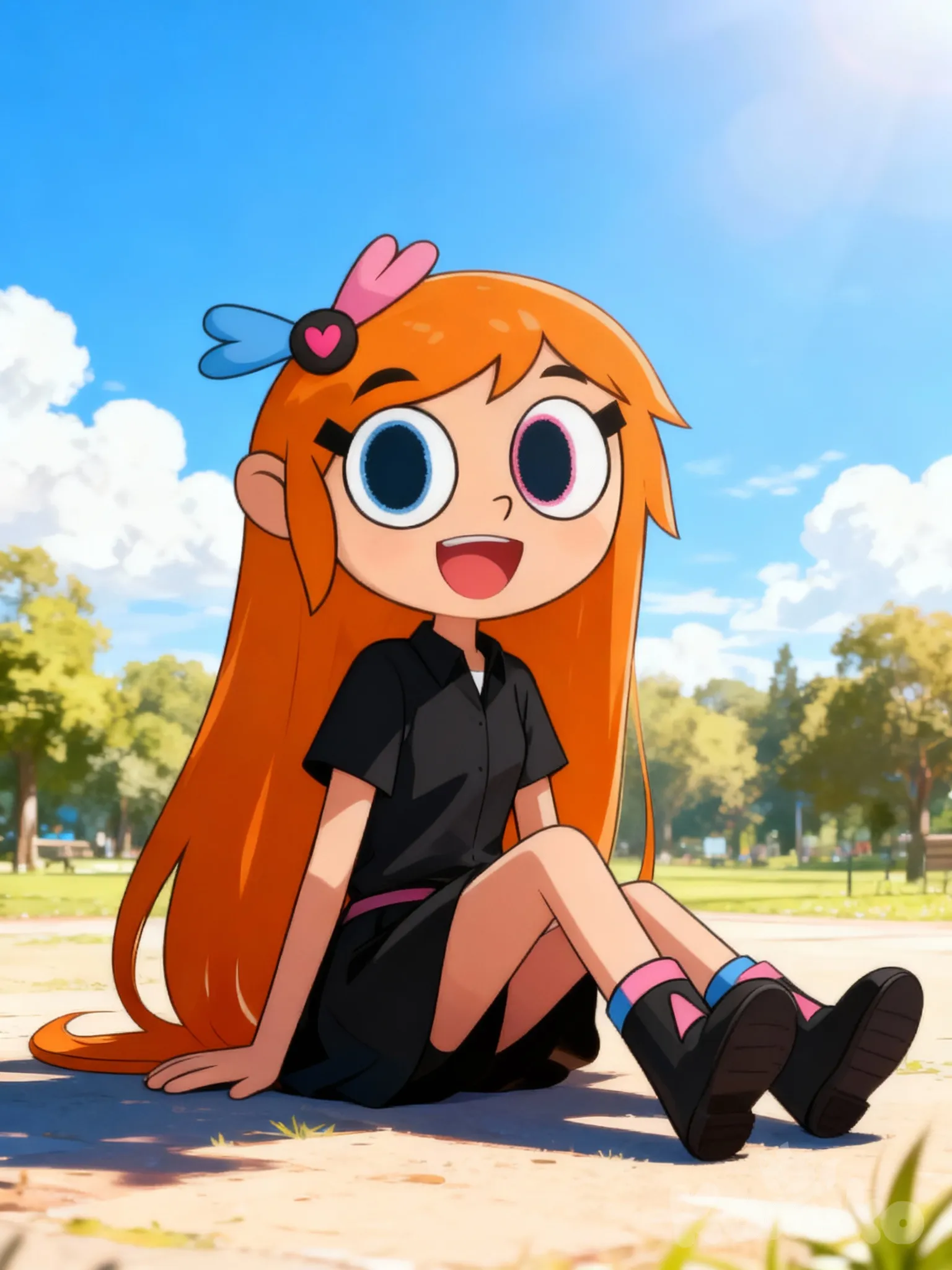 1girl, @yugiani-Eq8Z, orange hair, black shirt, black skirt, sitting on the ground, smile, cute, day, cloud, blue sky, park, outdoors, open mouth, anime, black hair, [vibrant-anime-style]