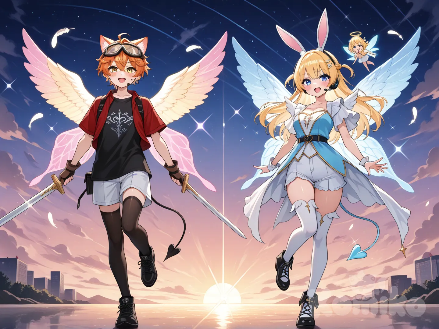 rating:safe, wings, yellow_wings, sparkle, blue_eyes, gloves, orange_hair, open_mouth, angel_wings, smile, solo, thighhighs, 1girl, looking_at_viewer, eyebrows_visible_through_hair, :d, black_gloves, holding, fairy_wings, shirt, sparkle_background, animal_ears, traditional_media, fingerless_gloves, weapon, black_legwear, bangs, braid, hair_between_eyes, long_hair, holding_weapon, feathered_wings, flying, blush, sword, marker_(medium), collarbone, virtual_youtuber, short_sleeves, white_wings, angel, rainbow, diffraction_spikes, headphones, black_shirt, standing, black_footwear, brown_gloves, blonde_hair, sky, headset, fairy, full_body, bunny_ears, pink_wings, shoes, standing_on_one_leg, shiny_hair, cloud, white_shorts, feathers, glint, cosplay, shiny, t-shirt, breasts, blue_wings, v-shaped_eyebrows, male_focus, goggles_on_head, zettai_ryouiki, fake_animal_ears, outdoors, shorts, glowing_wings, star_(sky), sunset, jacket, ocean, 1boy, cat boy, demon wings, blonde hair, 2people, back to back, red shirt, yellow eyes, demon tail, flying