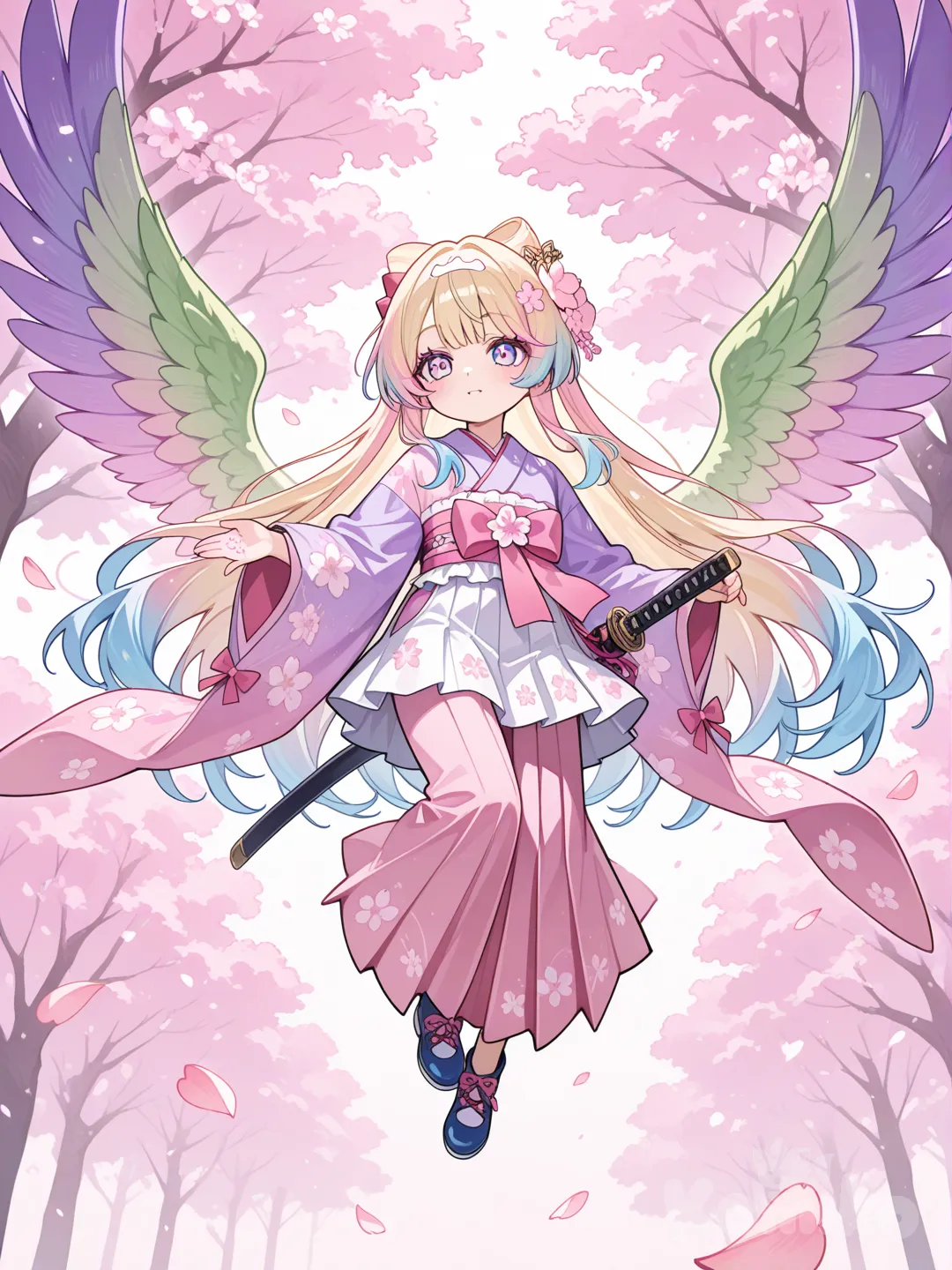 rating:safe, 1girl, child, blonde hair, blue eyes, purple kimono, very long hair, pink petals, pink bow, pink dress, white skirt, blue shoes, wings, feathered wings, pink wings, purple wings, green wings, multicolored wings, flying, cherry blossoms, cherry blossom print, multicolored kimono, pink kimono, katana, multicolored hair, blue hair, pink hair, multicolored eyes, pink eyes, headband, hair flower, pink hakama