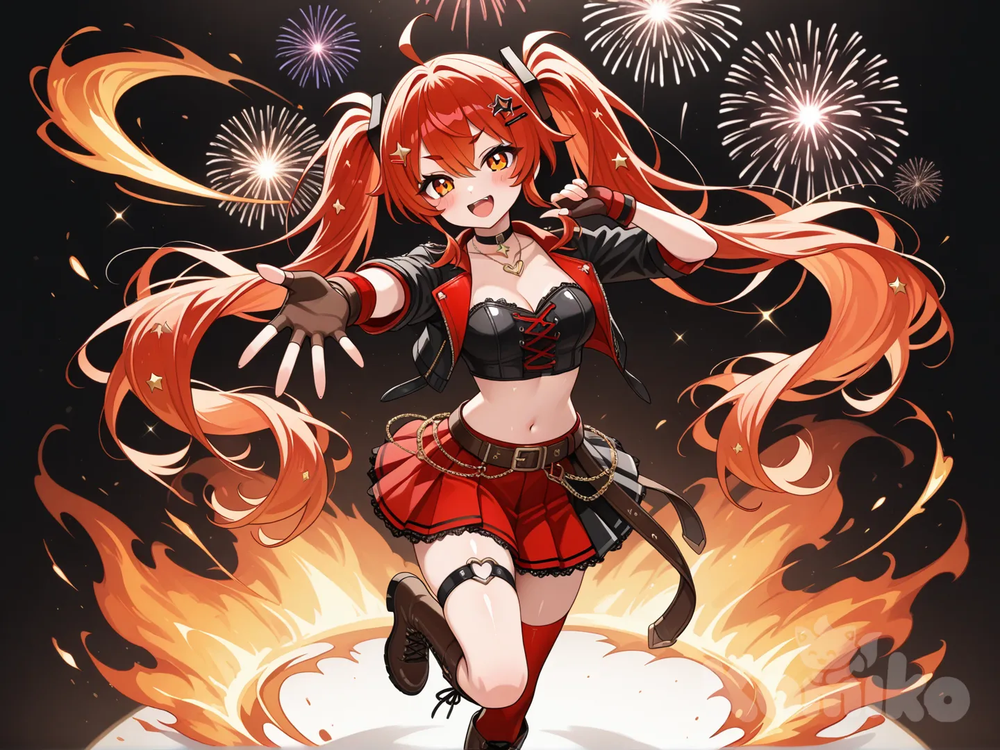 rating:safe, 1girl, twintails, red_hair, open_mouth, smile, hair_ornament, star_(symbol), solo, gloves, choker, navel, skirt, :d, looking_at_viewer, midriff, black_choker, red_skirt, jacket, standing_on_one_leg, black_footwear, breasts, leg_up, long_hair, star_hair_ornament, necklace, standing, collarbone, fingerless_gloves, hair_between_eyes, bangs, crop_top, pleated_skirt, miniskirt, cleavage, blush, belt, eyebrows_visible_through_hair, medium_breasts, jewelry, open_jacket, stomach, open_clothes, red_jacket, black_gloves, boots, sidelocks, cropped_jacket, red_gloves, long_sleeves, shirt, red_shirt, brown_gloves, glint, orange_eyes, pendant, heart, black_shirt, black_legwear, star_necklace, shoes, brown_belt, thigh_strap, coat, red_coat, black_jacket, outstretched_arm, groin, fire, sparkle, buckle, shiny, large_breasts, v-shaped_eyebrows, ahoge, yellow_eyes, brown_footwear, short_sleeves, red_eyes, holding, floating_hair, running, shiny_hair, magic, cross-laced_clothes, thighs, small_breasts, gem, full_body, brown_eyes, outstretched_arms, underwear, black_bra, plaid_skirt, light_particles, red_footwear, belt_buckle, open_coat, fireworks, cross-laced_footwear, bra, suspenders, very_long_hair, gradient_hair, star_print, zipper, diffraction_spikes, hairclip, print_skirt, bandeau, watermark, socks, star_choker, red_legwear, clenched_hand, holding_weapon, outstretched_hand, shorts_under_skirt, black_belt, shiny_skin, holster, pink_jacket, hood_down, weapon, lens_flare, leather, blurry, hooded_jacket, shorts, plaid, red_nails, head_tilt, ribbon, lace-up_boots, red_vest, collar, white_background, knee_boots, black_panties, teeth, heart_necklace, hand_up, hood, black_skirt, happy, taut_clothes, fang, glowing, artist_name, cross, idol