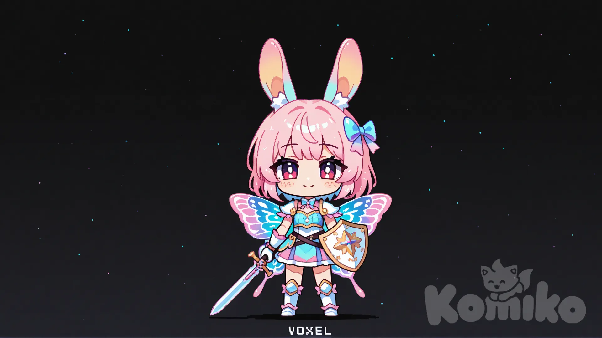 original_character, chibi, full_body, standing, female, humanoid, pink_hair, short_hair, hair_bow, bow, rabbit_ears, fairy_wings, butterfly_wings, gradient_wings, pastel_color_scheme, multicolored_outfit, magical_girl_outfit, armor, light_armor, weapon, sword, shield, fantasy_weapon, cute, smiling, simple_face, voxel_art, pixel_art, minecraft_style, black_background