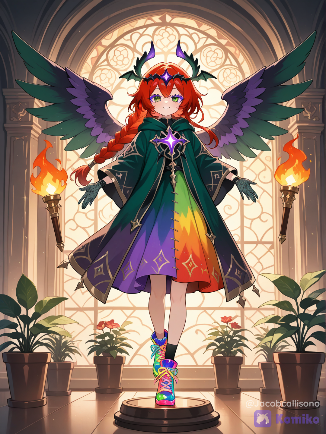 anime style, anime, shojo, young female, red hair, long hair, single braid, green eyes, purple eyelashes, colored eyelashes, colorful outfit, patchwork robe, patterned gloves, colorful shoes, wings, spiky wings, dark green wings, purple wings, flying, hovering, headpiece, potted plant, torchflower, balancing, balancing act, light, glowing, torch, beacon, torchflower girl, original character, colorful, cheerful, magical, adventurous.