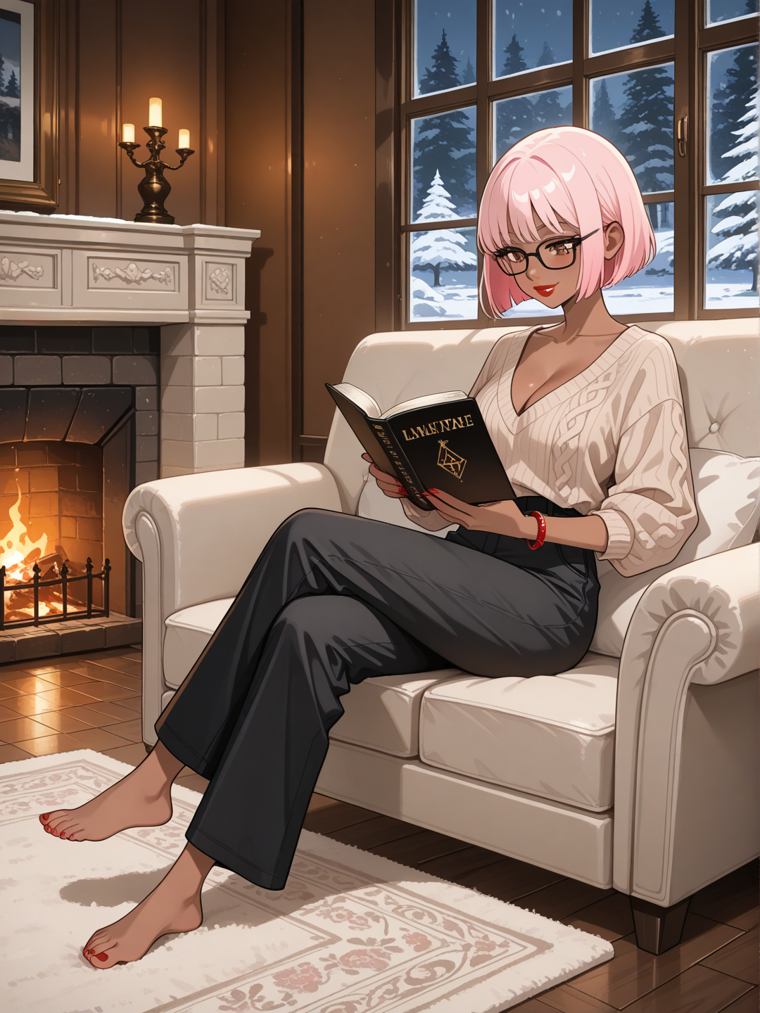 Anime girl reading book during snowy winter