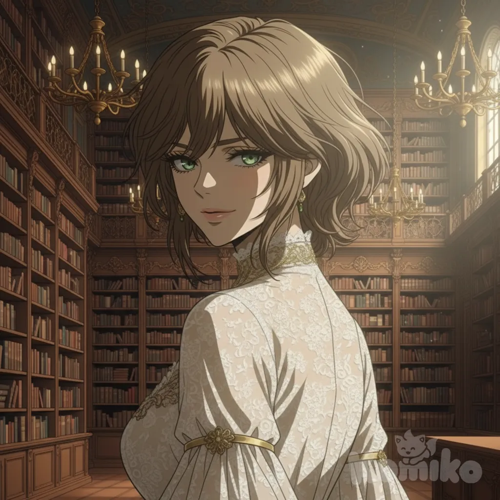 1girl, looking back, smile, short brown hair, upper body, rococo dress style, dim light, library, woman, mature female, elegant., retro style, manhwa, [high-gloss-illustration-style]