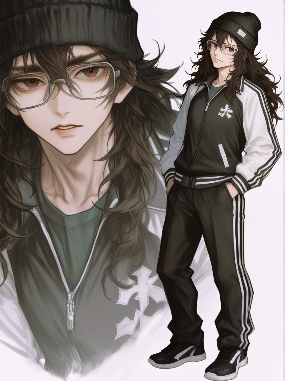 [semi-realistic-portrait-style] 1boy, demon slayer style, teenager, athletic, wavy hair, black hair, brown eyes, tan skin, varsity jacket, casual pants, tracksuit, lace, glasses, beanie, single character, full body, looking at viewer, simple background, white background