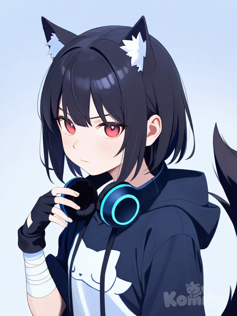 Nagi_Seishiro(BlueLock),pelo negro,ojos rojos,(lobo)tail,sudadera negra abierta por completo,polera blanca,audifonos negros,por el cueyo,bendas en ambos brazos,guantes negros sin dedos,delgado,serio