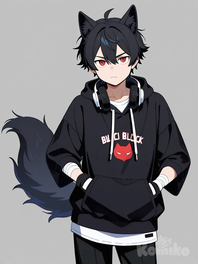 Nagi(BlueLock),hombre,pelo negro,ojos rojos,(lobo)tail,sin orejas de lobo,sudadera negra abierta por completo,polera blanca,audifonos negros,por el cueyo,bendas en ambos brazos,guantes negros sin dedos,delgado,serio,epico