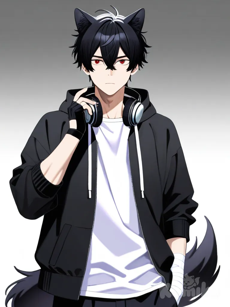 Nagi(BlueLock),hombre,pelo negro,ojos rojos,(lobo)tail,sudadera negra abierta por completo,polera blanca,audifonos negros,por el cueyo,bendas en ambos brazos,guantes negros sin dedos,delgado,serio