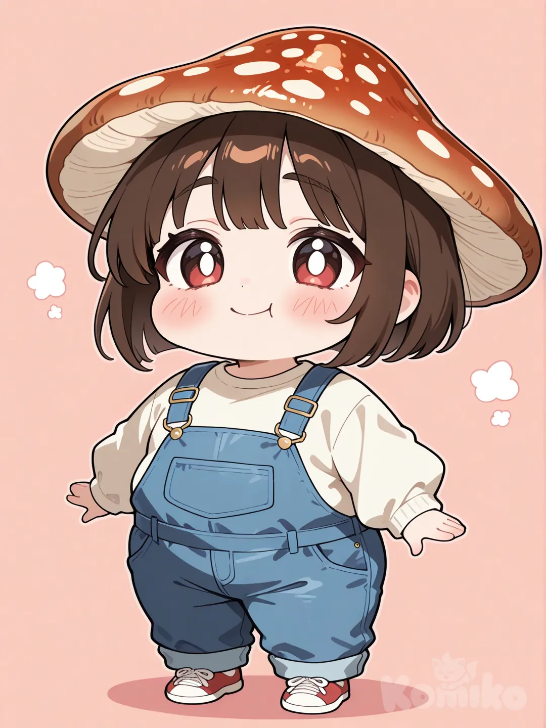 Plump chibi boy with bob brown hairstyle and bang, big eyes, cute plump cheeks, cute overalls, mushroom hat