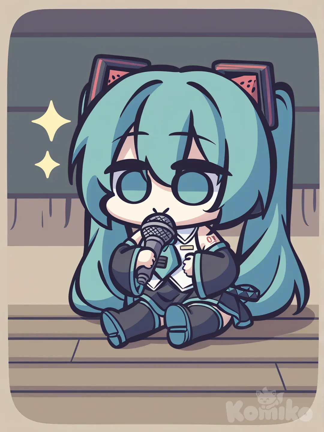 @Hatsune_Miku, sitting, on floor, holding microphone, [vintage-chibi-style], watermelon style miku