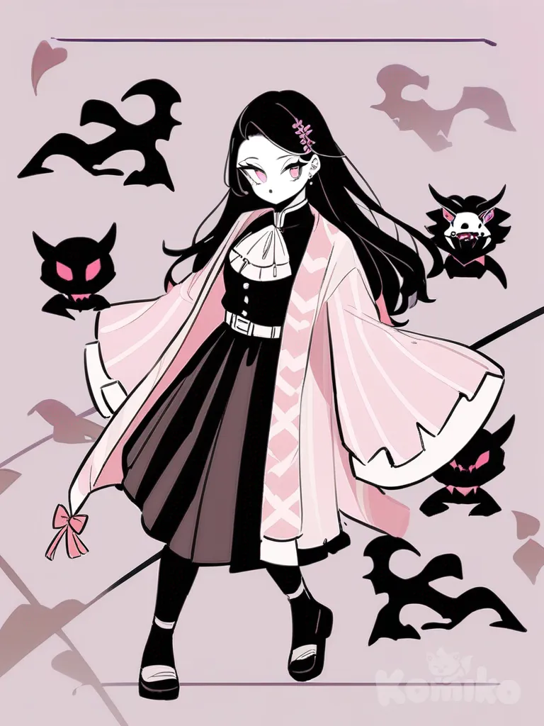 1girl, original character, Demon Slayer style, in the world of Demon Slayer, mature 19 years old, slim, long hair, black hair, light pink eyes, pale skin, basic demon slayer uniform with ruffles short skirt, haori has ruffles and is a pale pink color, ruffles, bow, hairpin, necklace, single character, full body, looking at viewer, anime style, simple background, white background