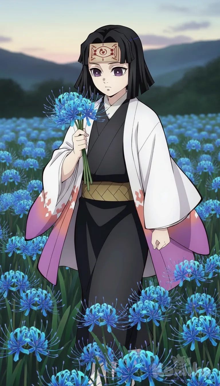 kimetsu no yaiba, aslo caminando mientras recoge flores de irio de araña zul lues de arecernen su cara , anime style