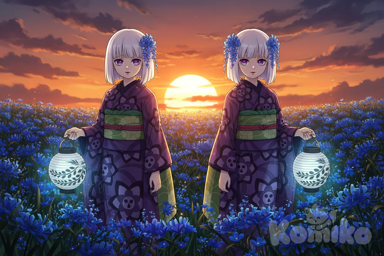 kimetsu no yaiba, pon a dos de estaa peliblancasnjuntas , mirando q la camara , con flores azules lirio de araña azul, el campo de lirio araña azul , atardecer detrás de ellas, anime style