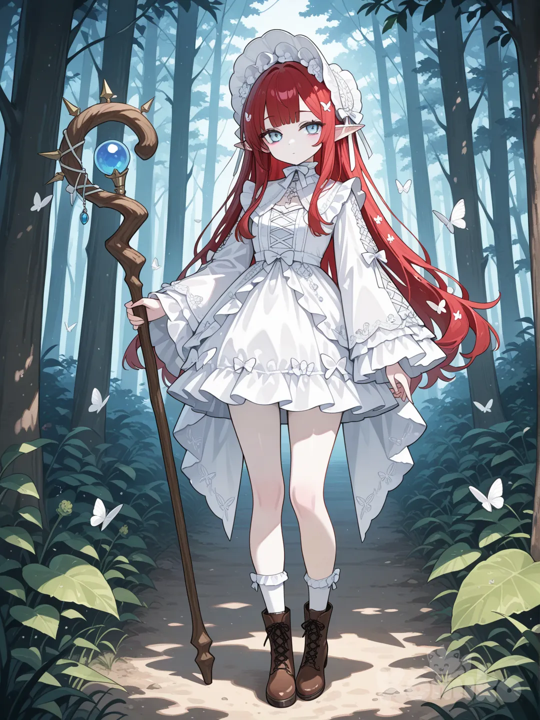 Chica joven, elfa, piel pálida m, ojos azul celeste, cabello rojo, flequillo recto, tocado blanco, mariposas blancas, vestido corto, vestido blanco, vestido lolita, chiffon, báculo de madera, mangas largas, mangas anchas, cuello de solapas grandes, delgada, calcetines blancos, botas marrones, bosque profundo