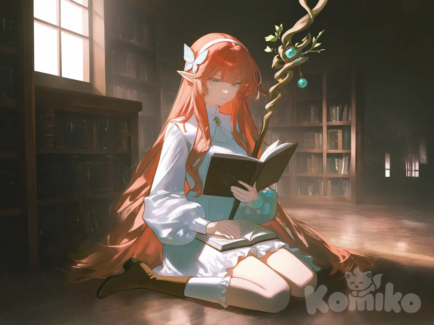 @elyna-kEW7 estudiand en una biblioteca , [moody-glow-style]