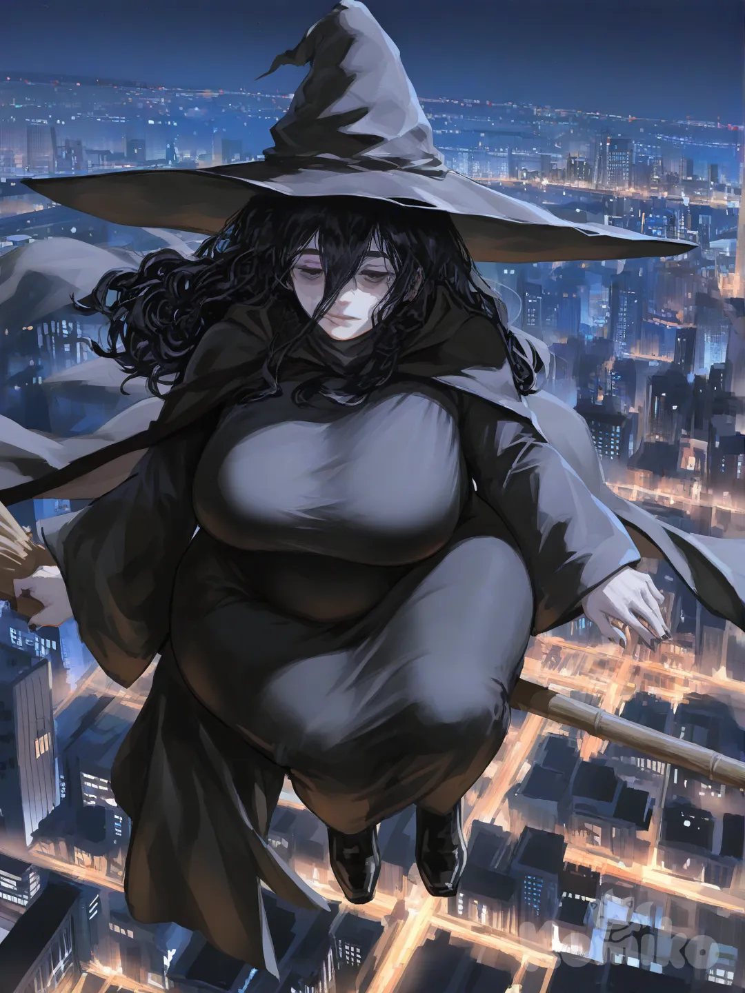 Mujer madura, BBW, chubby, wide hips, pelo negro largo y rizado, piel pálida, ojeras, tetas grandes, saggy tits, tunica negra simple, mangas largas y anchas, sombrero negro sencillo de bruja, capa negra, zapatos bajos negros, volando sentada en una escoba, gran plano general, noche, vista de ciudad desde el aire [radiant-coating-style]