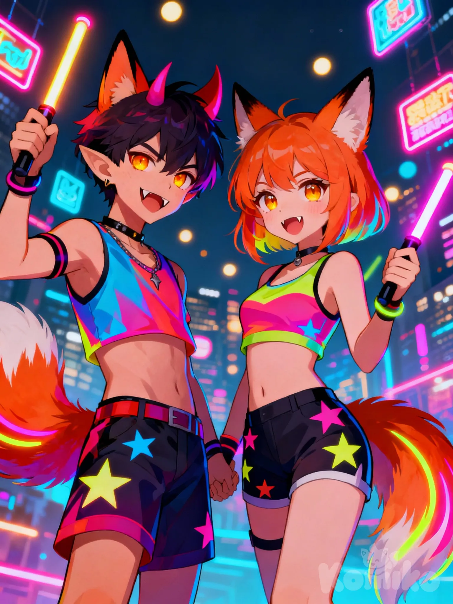 [moody-glow-style], Demon, FoxBoy & FoxGirl, Nightcore Theme, full body, cute