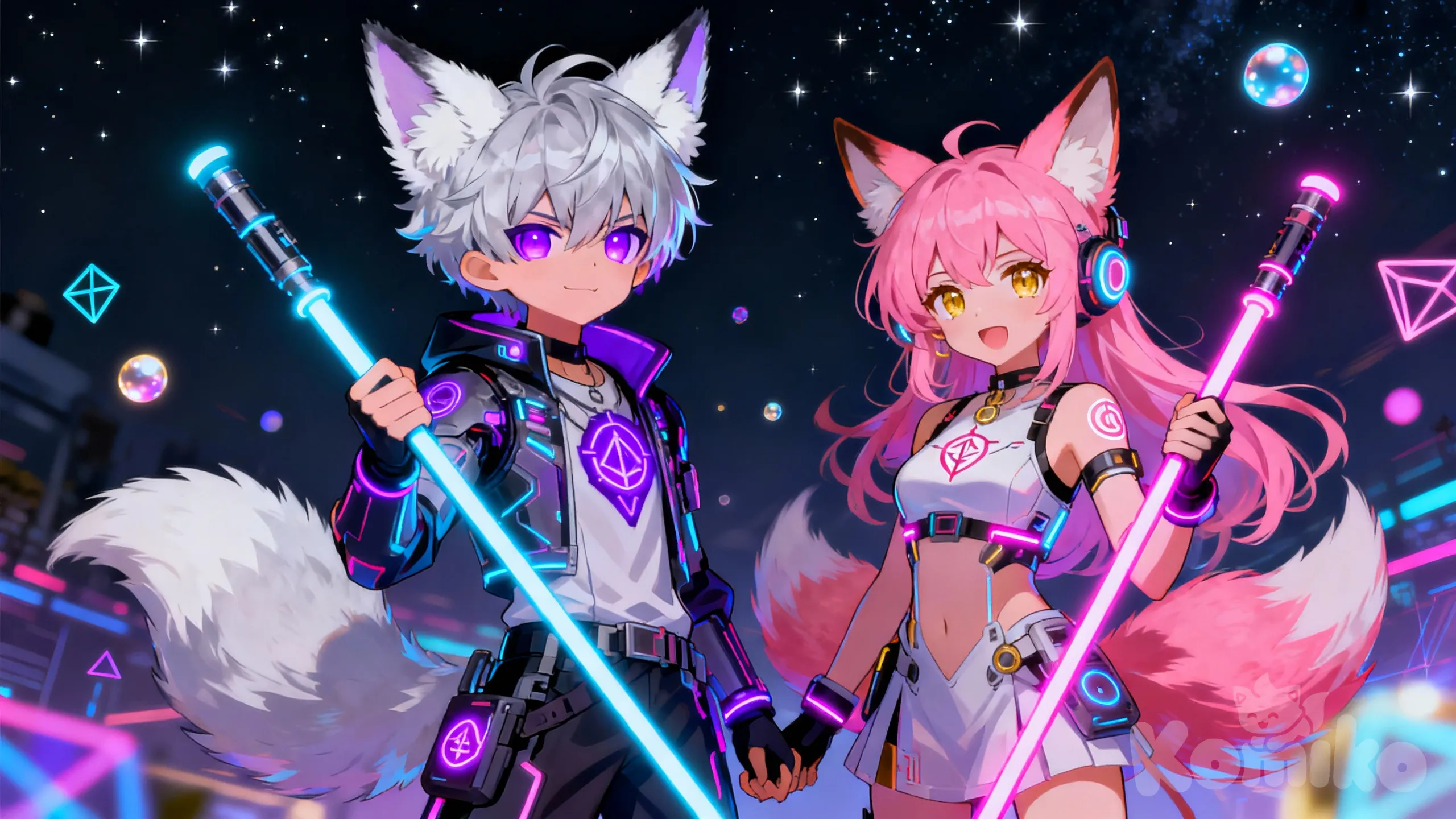 [moody-glow-style], Demon, FoxBoy & FoxGirl, Nightcore Theme, full body, cute