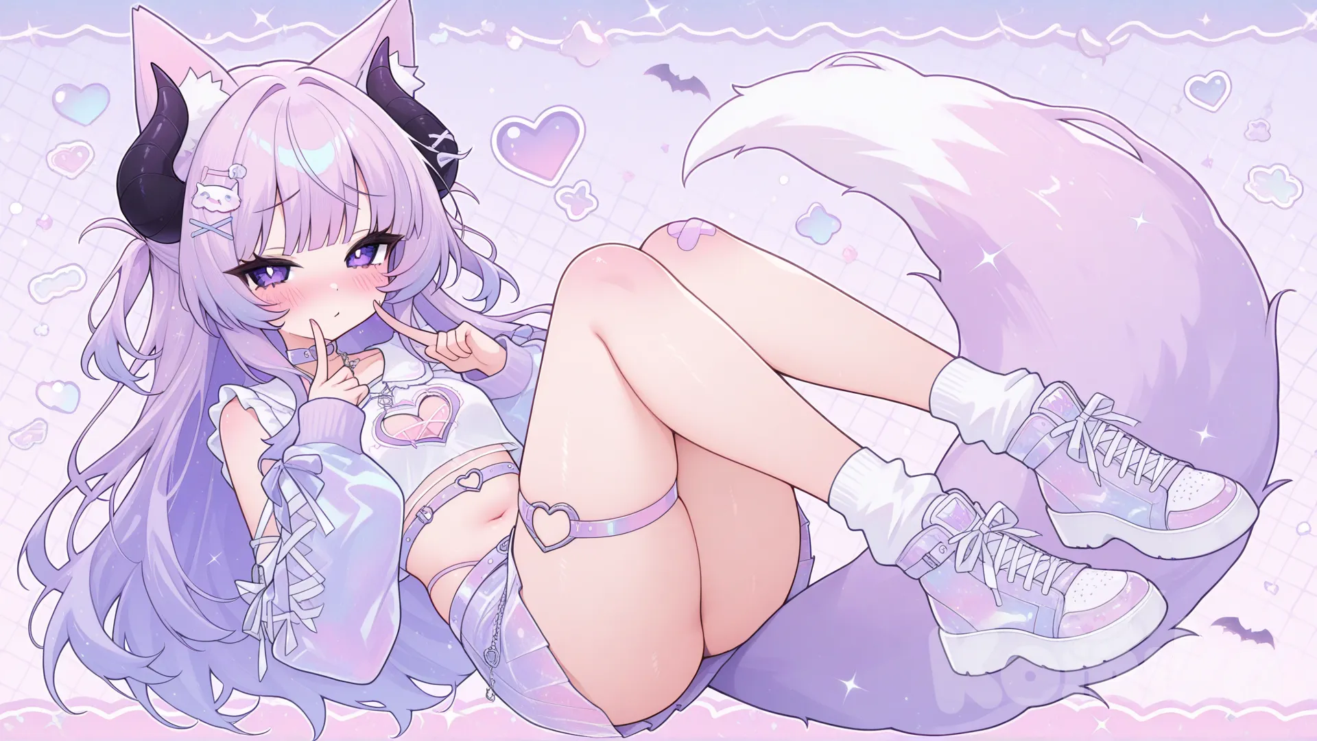 Demon, Foxboy/Foxgirl, cute, Nightcore, adorable, blush, crop top, short skirt, full body visible, purple clothes and hair