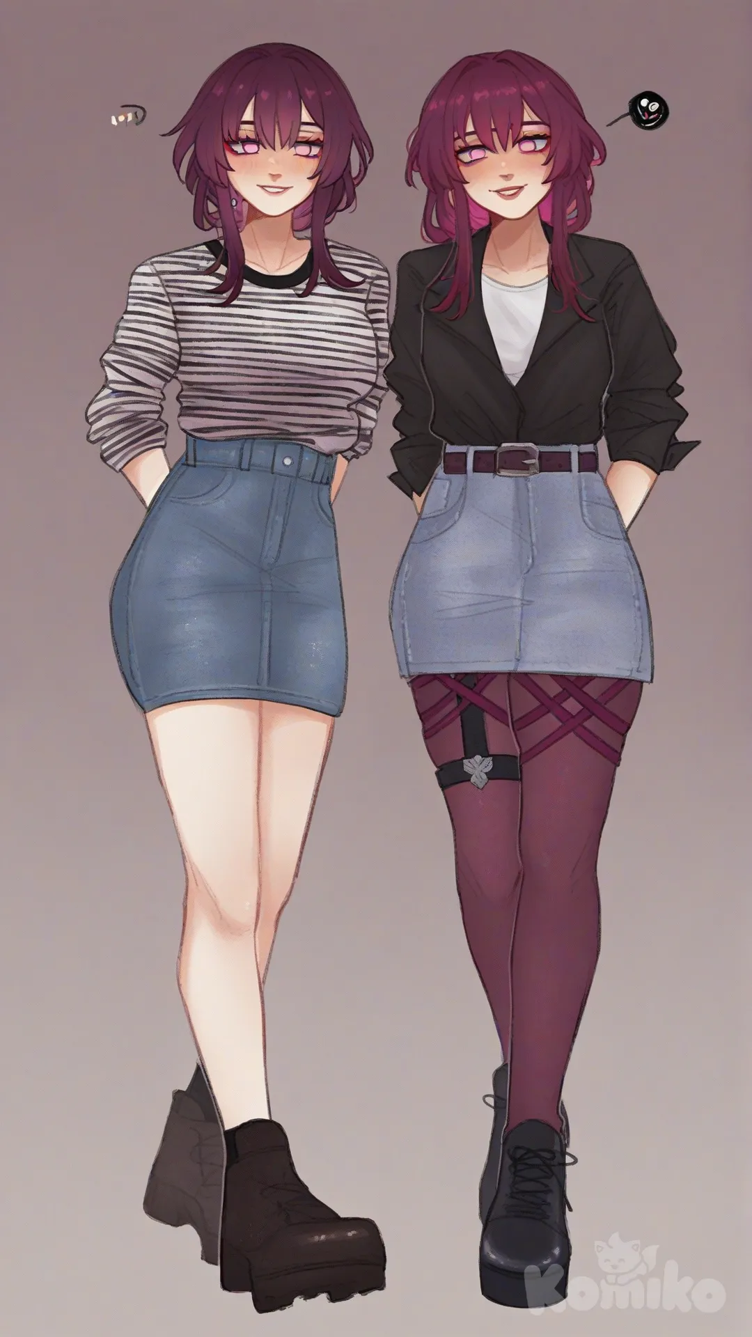 2girls, Shenhe (Genshin Impact), Kafka (Honkai:Star Rail), [soft-shaded-moe-style], denim skirt, striped shirt, full body