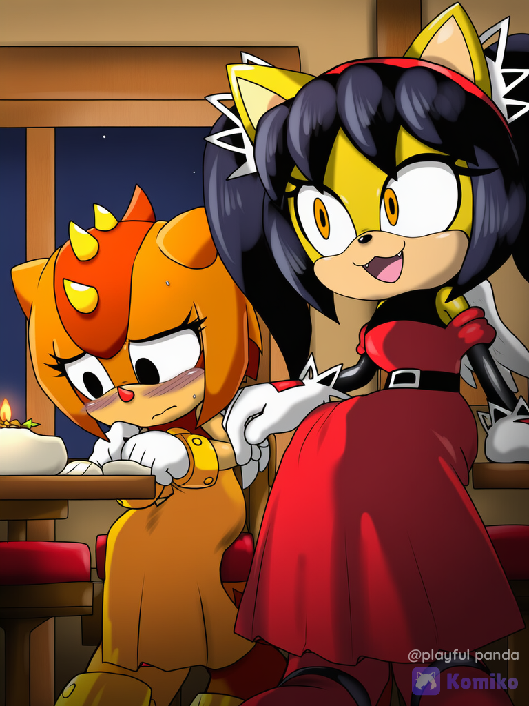 Trip_the_sungazer, honey the cat, night,elegant women's clothing,restaurant in the background,nervous trip,honey excited,sonic_(series),enigi09 styled, love,small heart icons,night,Trip and honey wearing long dresses,seated at a restaurant table while the table has a candle