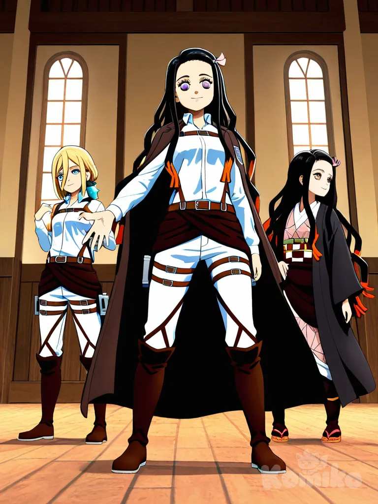 3people, 2boys, 1girl, Eren Yeager, Levi (Shingeki No Kyojin), Krista Lenz, anime coloring, oil-pasto style, 3d model, singing, smile, expressionless, smirk, full body, side light, 1boy, Kamado Nezuko, Kochou Shinobu