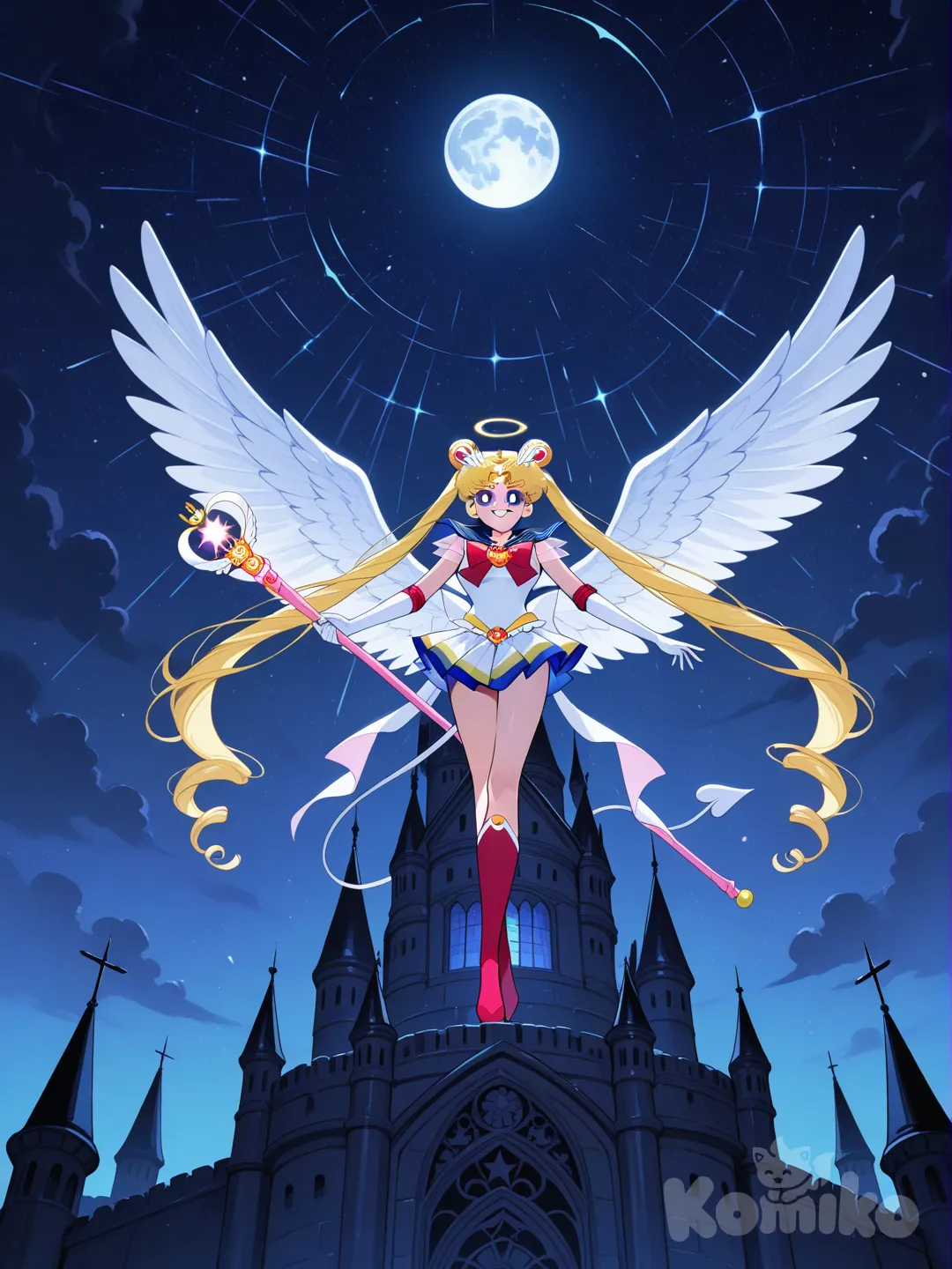 bishoujo senshi sailor moon, tsukino usagi, super sailor moon, evil smile, full body, wide shot, from below, castle, angel and devil, love blast, magical girl rod, moon