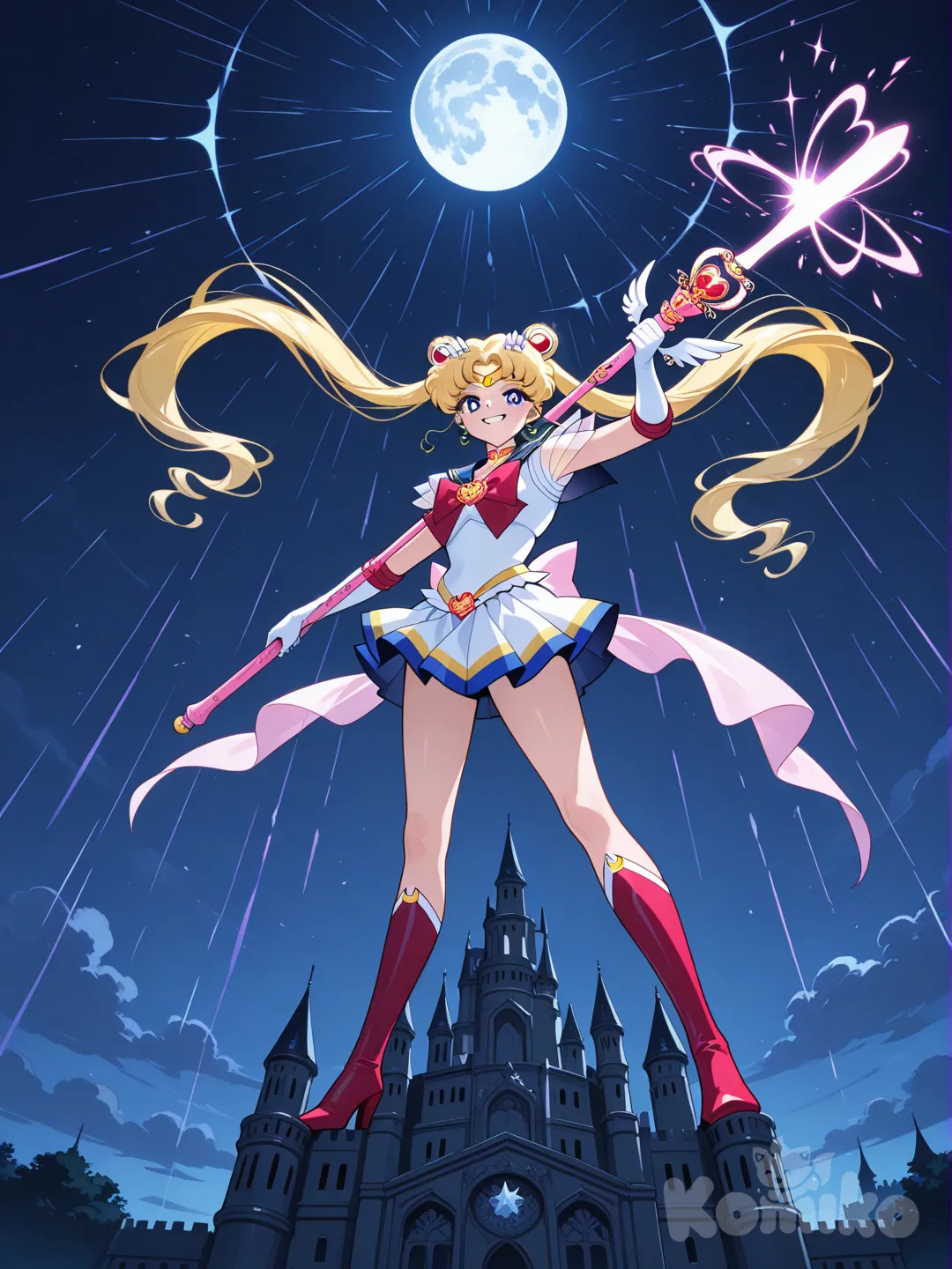 bishoujo senshi sailor moon, tsukino usagi, super sailor moon, evil smile, full body, wide shot, from below, castle, love blast, magical girl rod, moon