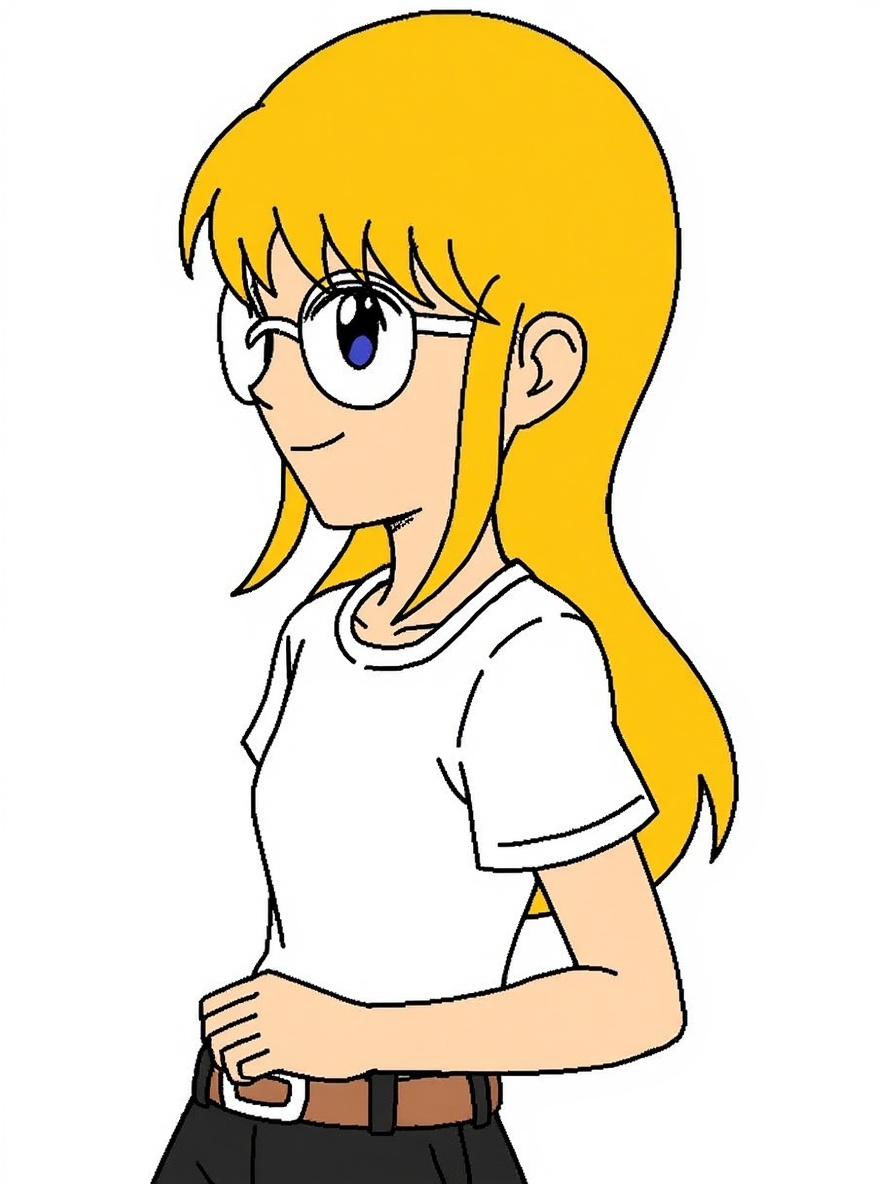 1girl, blonde_hair, hair_framing_face, loose_hair, blue_eyes, soft_expression, fair_skin, simplified_features, white_frame_glasses, white_blouse, blouse_past_waist, red_shirt_underneath, brown_belt, rectangular_buckle, black_shorts, three-quarter_view, almost_profile, body_turned_right, hands_behind_back, positioned_left, single character, full body, looking at viewer, anime style, simple background, white background