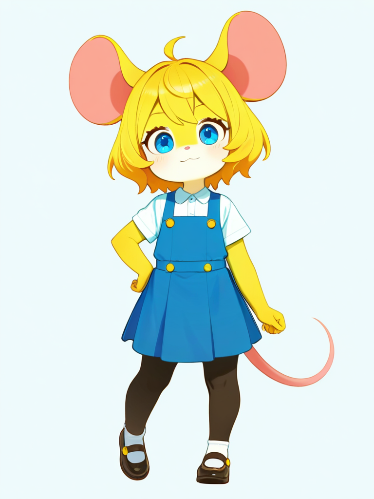 1girl, mouse_girl, white_fur, blonde_hair, small, furry, blue_eyes, single character, full body, looking at viewer, anime style, simple background, white background