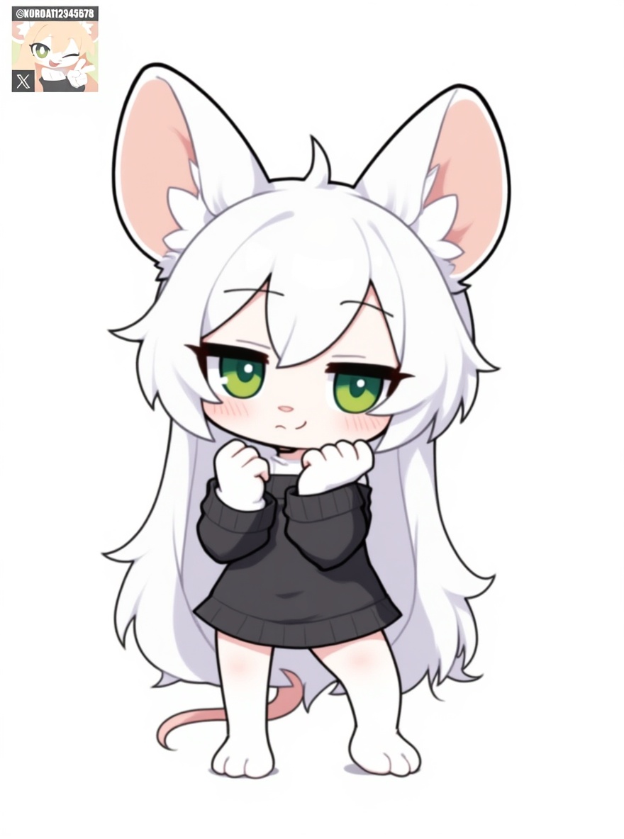 1girl, mouse girl, white fur, blonde hair, green eyes, small, cute, single character, full body, looking at viewer, anime style, simple background, white background