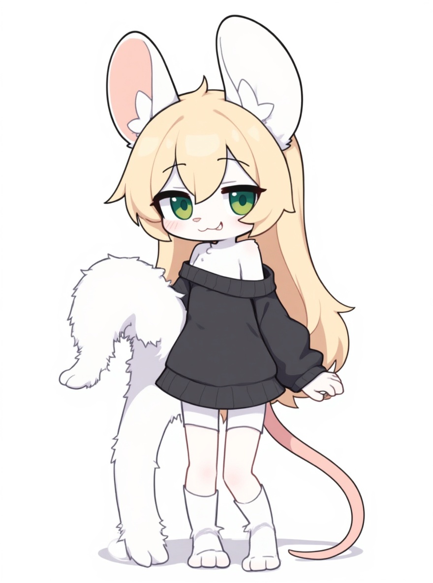 1girl, mouse girl, white fur, blonde hair, green eyes, small, cute, single character, full body, looking at viewer, anime style, simple background, white background