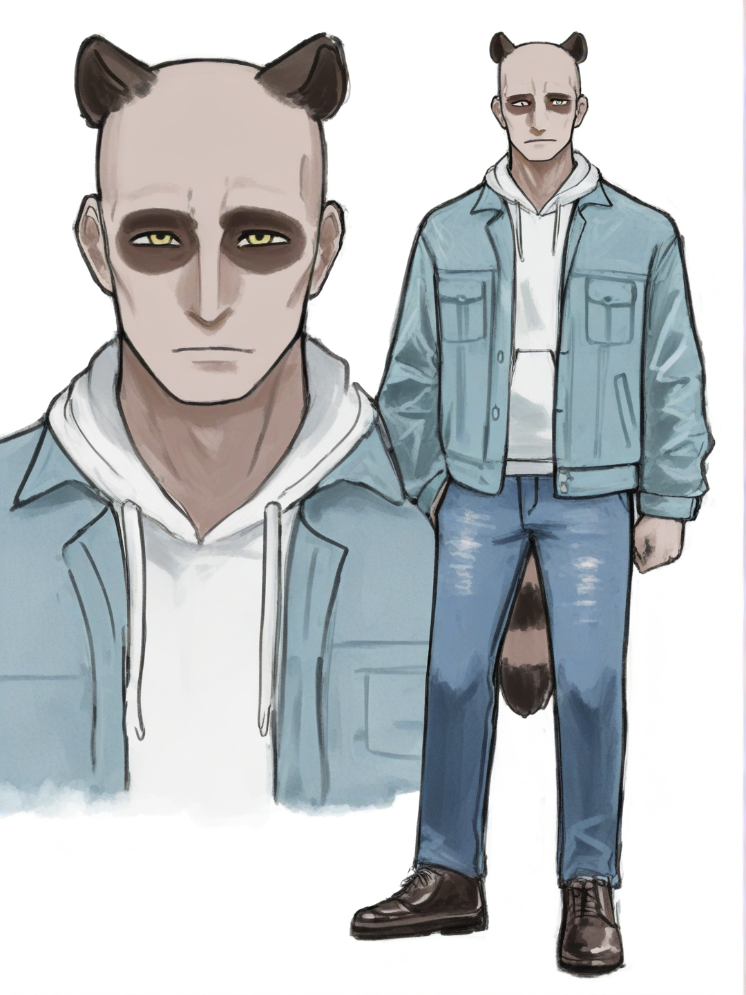 [sketchy-painterly-style] 1boy, raccoon_ears, raccoon_tail, denim_clothing, yellow_eyes, single character, full body, looking at viewer, anime style, simple background, white background