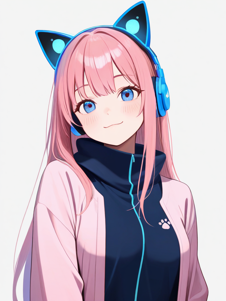 1girl, cat_ears, long_hair, pink_hair, blue_headphones, smile, voluptuous, solo, full_body, looking_at_viewer, anime_style, simple_background, white_background
