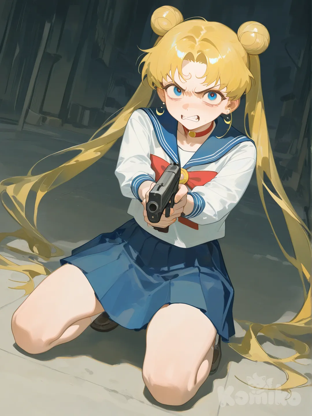 @Tsukino_Usagi , [soft-shading-style] стоит на коленях, в руках пистолет, злится