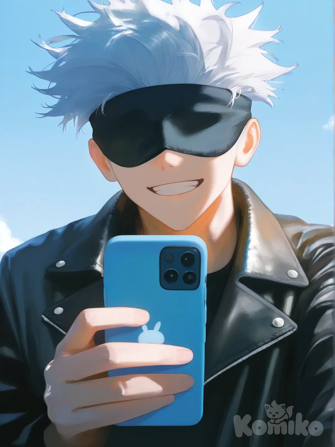 @Gojou_Satoru, selfie, leather jacket, upper body, [moody-glow-style]