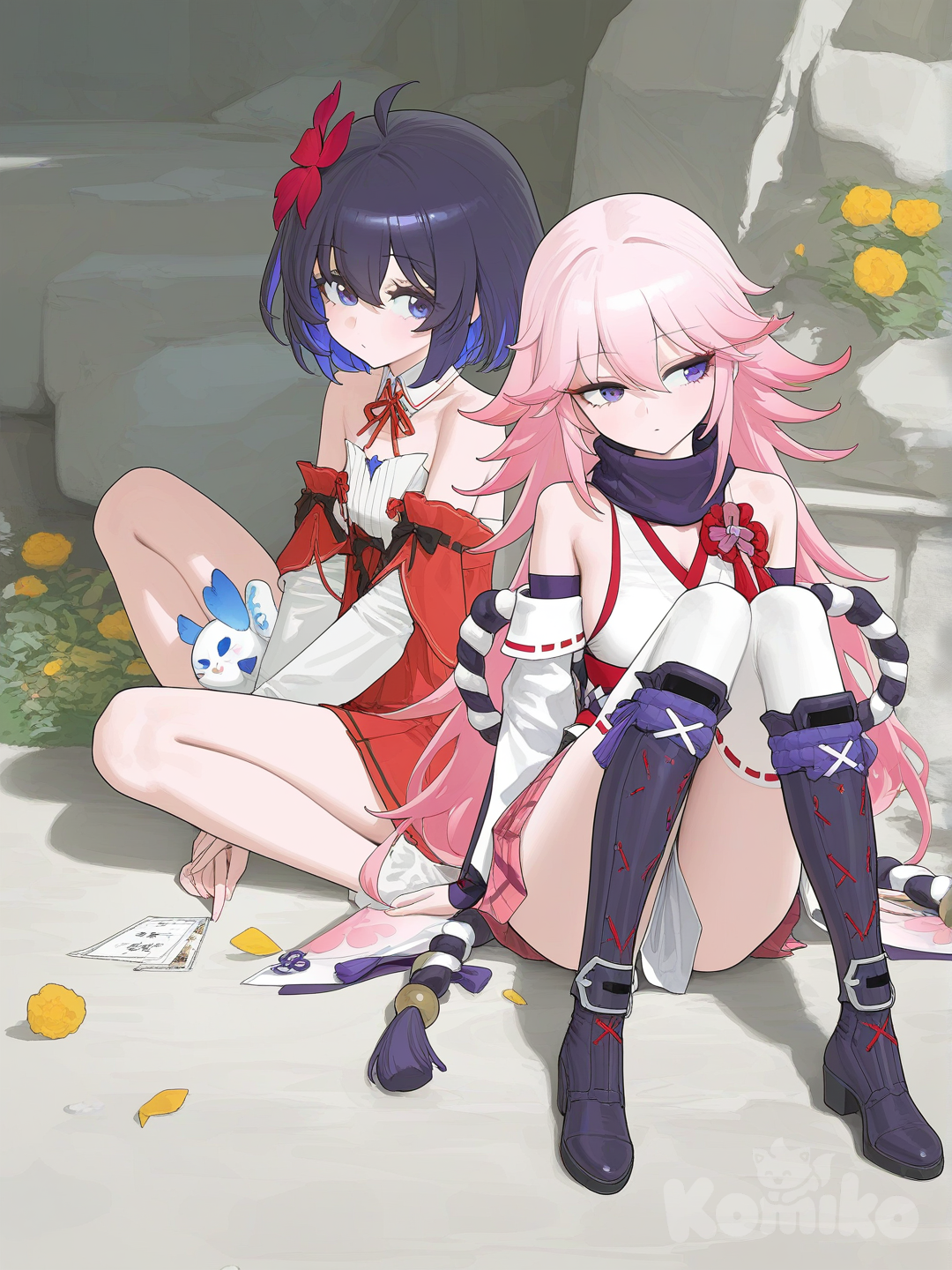 @Seele_Vollerei, @Yae_Sakura_(Gyakushinn_Miko), sitting on the ground, full body, looking away, [vibrant-anime-style]