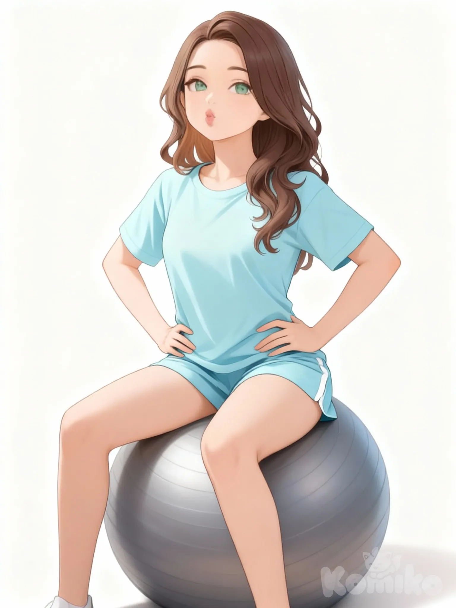 @alicia-7JR1 crea una imagen para una infografía deportiva, que se vea sentada en un fitball con las manos en la cintura, respira con los labios fruncidos