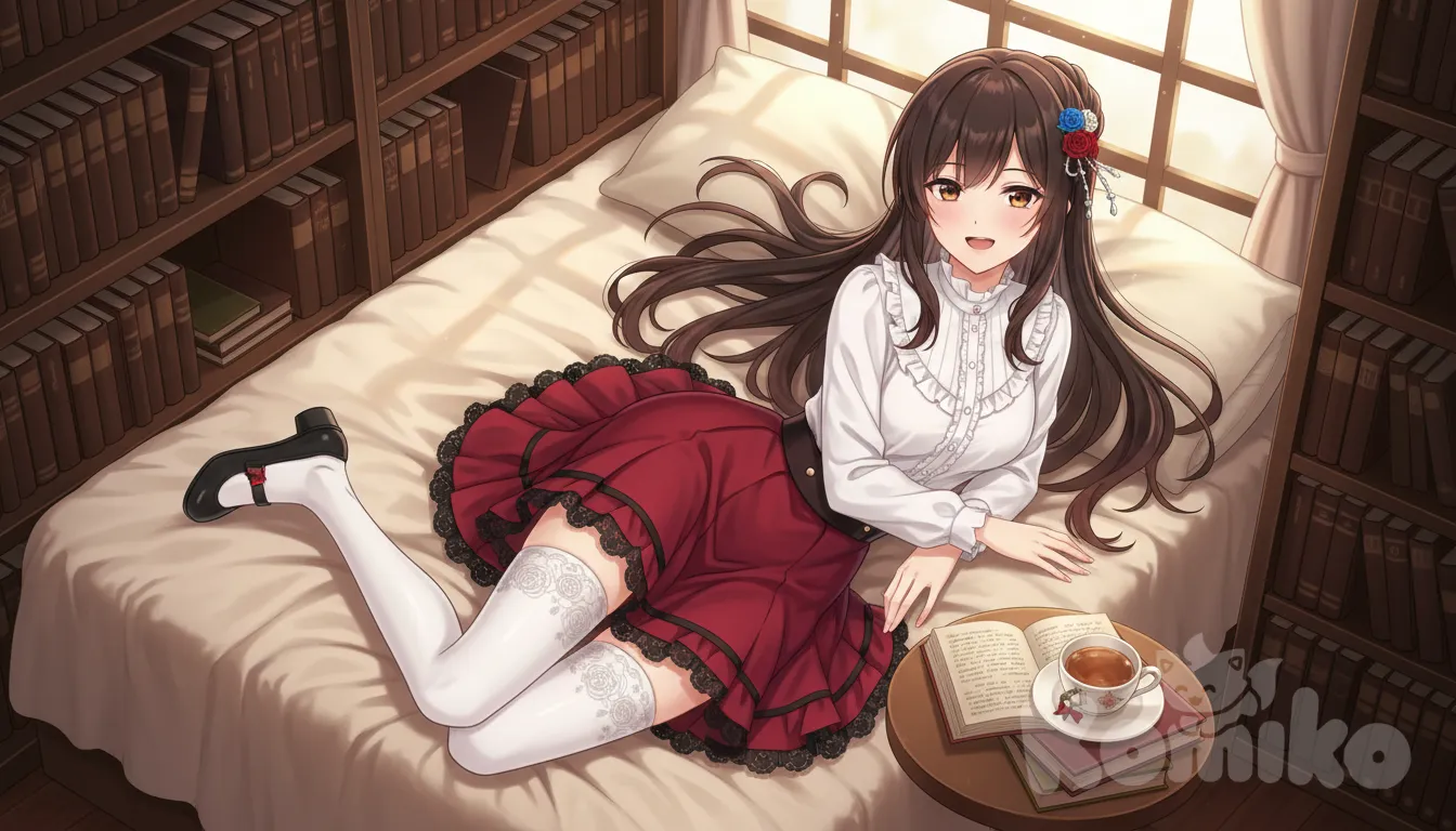 [high-gloss-illustration-style] smile, lying on the bed, pleated skirt, ruffles, hairpin, closeup, ambient light, library，white stockings，feet, leg up, anime style