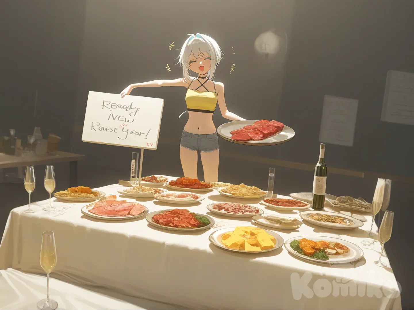 Fille en short et court t-shirt, très joyeuse tenant une pancarte avec écris "Ready for the New year?". La scène ze passe devant une table bien dresser avec de la nourriture et de l'alcool.[vibrant-anime-style]