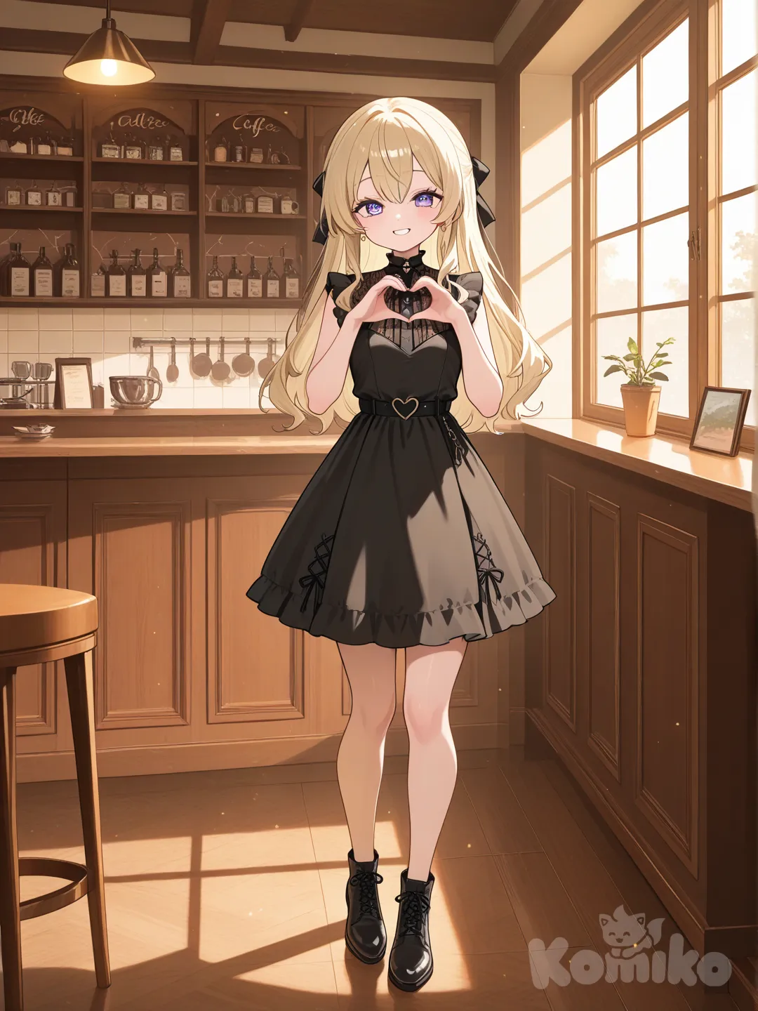 1girl, heart hands, little black dress, full body, backlight, cafe