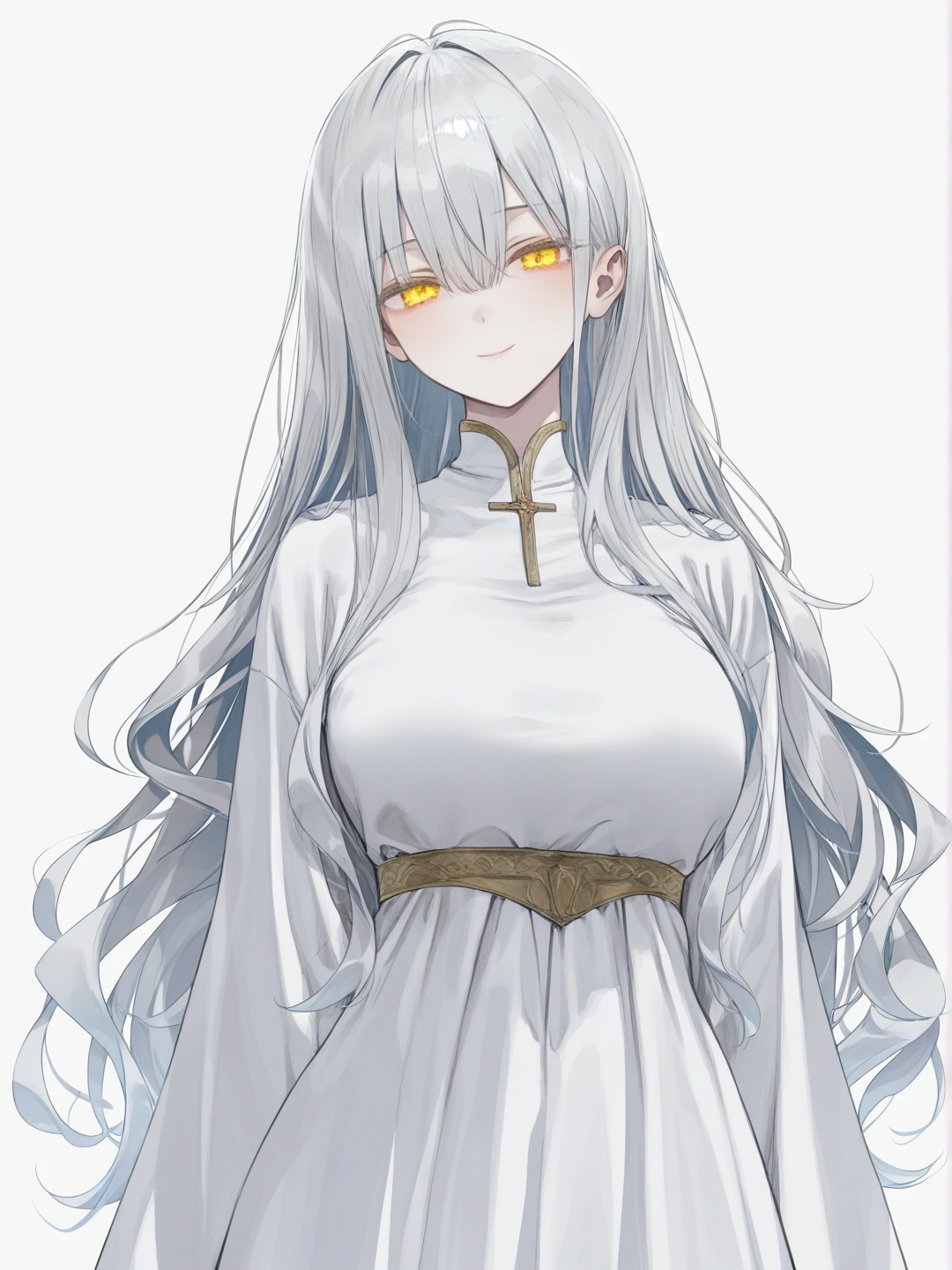 [soft-pastel-style] 1girl, silver_hair, long_hair, golden_eyes, pale_skin, high_cheekbones, smile, white_robe, glowing_eyes, ethereal, mysterious, mature_female, curvy, large_breasts, single_character, full_body, looking_at_viewer, anime_style, simple_background, white_background