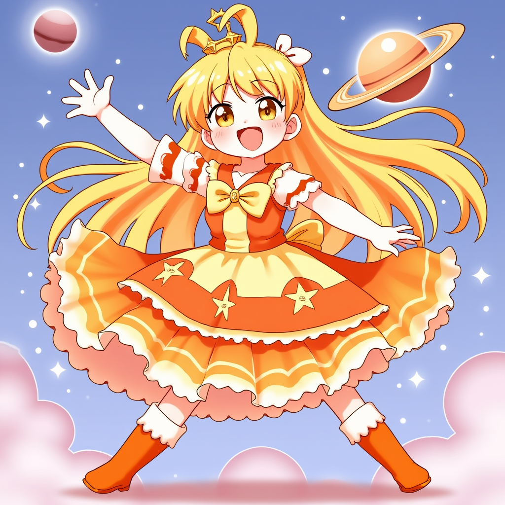 Character 0 is Cure Venus, description: A magical girl transformation of Aiko. She has long, flowing golden hair with orange highlights. Her eyes are now amber. She wears an orange and yellow frilly dress with star motifs, white gloves, and orange boots. A golden tiara adorns her head..
Cure Venus poses dramatically, one hand on her hip and the other extended towards the sky. The background shows a starry night sky with a prominent Venus planet, anime style with soft pastel color and soft lighting