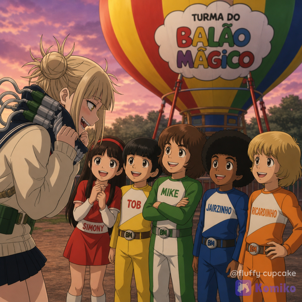the anime illustration depicting Toga_Himiko meeting turma do balao magico, depicting five child members simony, tob, mike, jairzinho and ricardinho