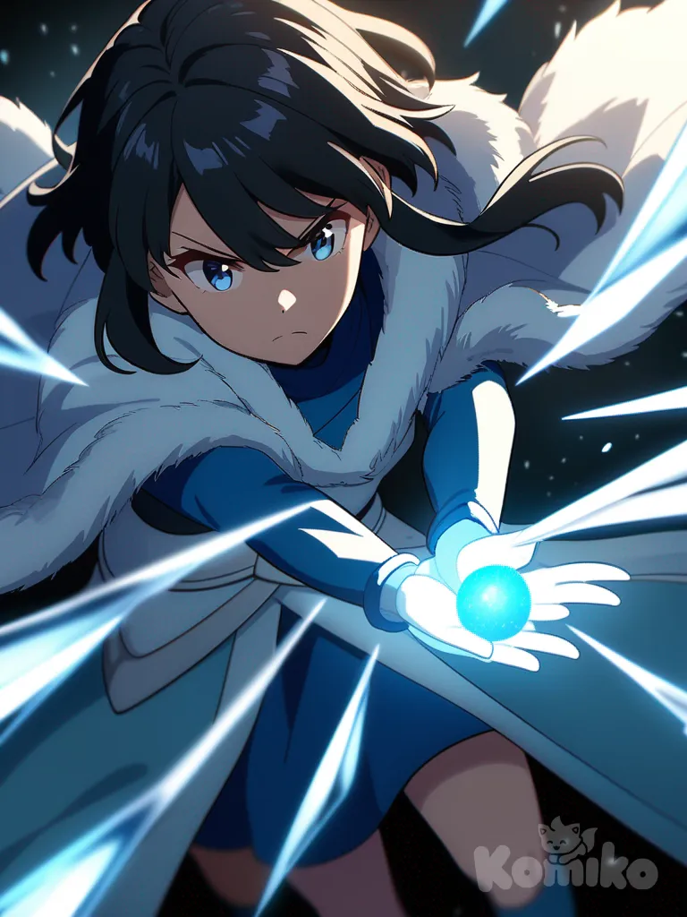 Anime-style teenage girl, 15 years old, standing confidently. Long straight black hair with blue highlights, icy blue eyes, wearing white-blue ninja outfit with fur accents, flowing cloak and gloves. She exudes elegance and strength, using ice-style chakra, faint blue mist surrounding her hands, soft but determined expression, dynamic pose, anime cinematic lighting, highly 8k full body, magical battle aura.
