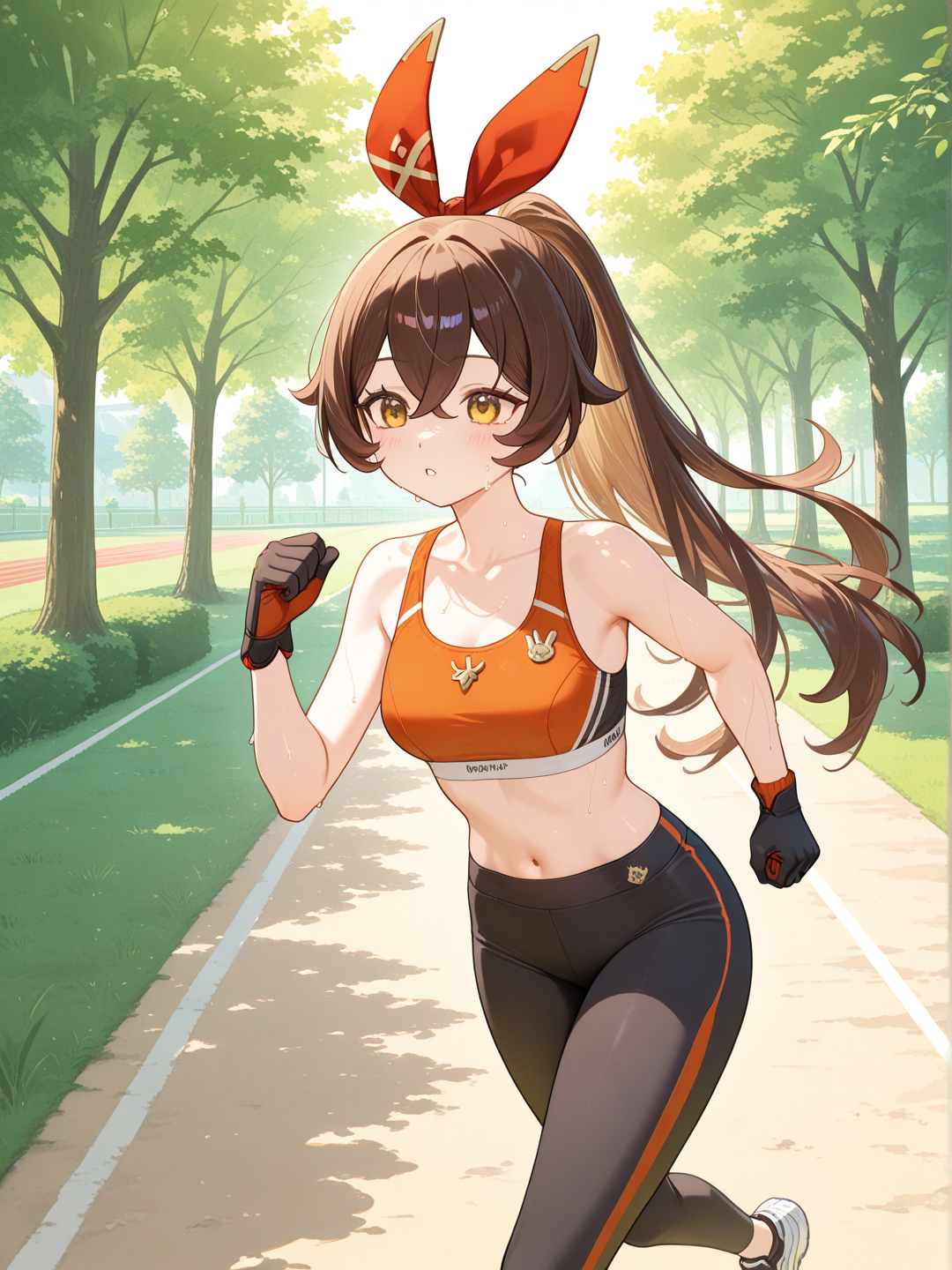 @Amber_(Genshin_Impact) она занимается спортом в парке и одета в лосины