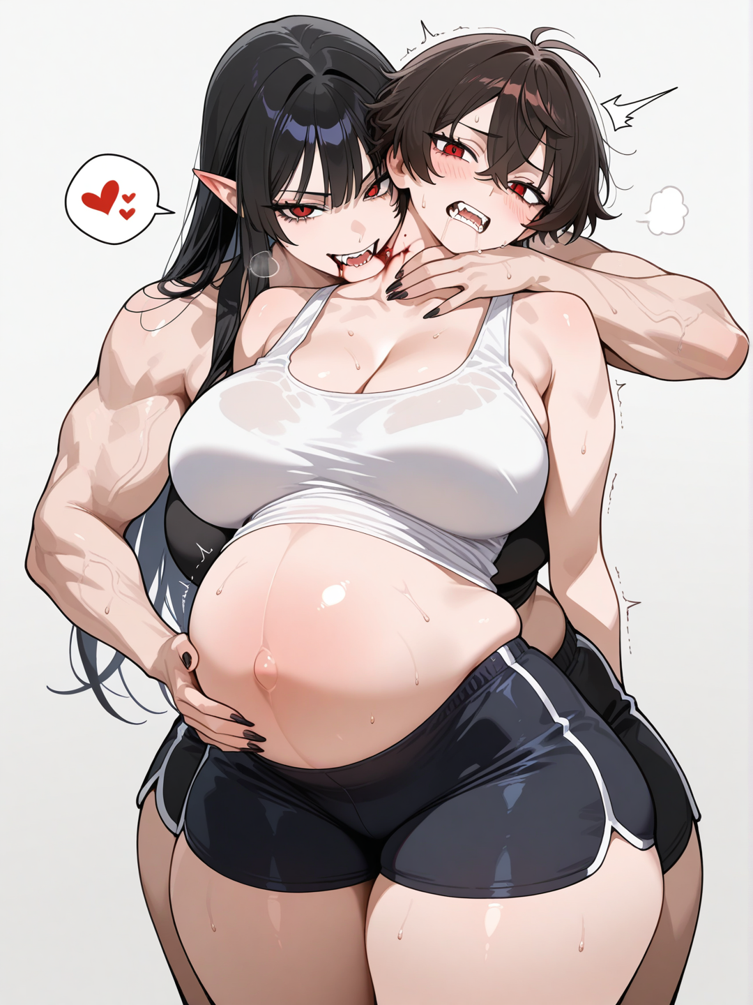 She's a tall vampire with a big belly like a pregnant woman. She has ample breasts, large thighs, and a big butt. She's wearing a white tank top and athletic shorts. She bites the neck of a muscular man who's holding him down with her hands and sucks blood from his neck.