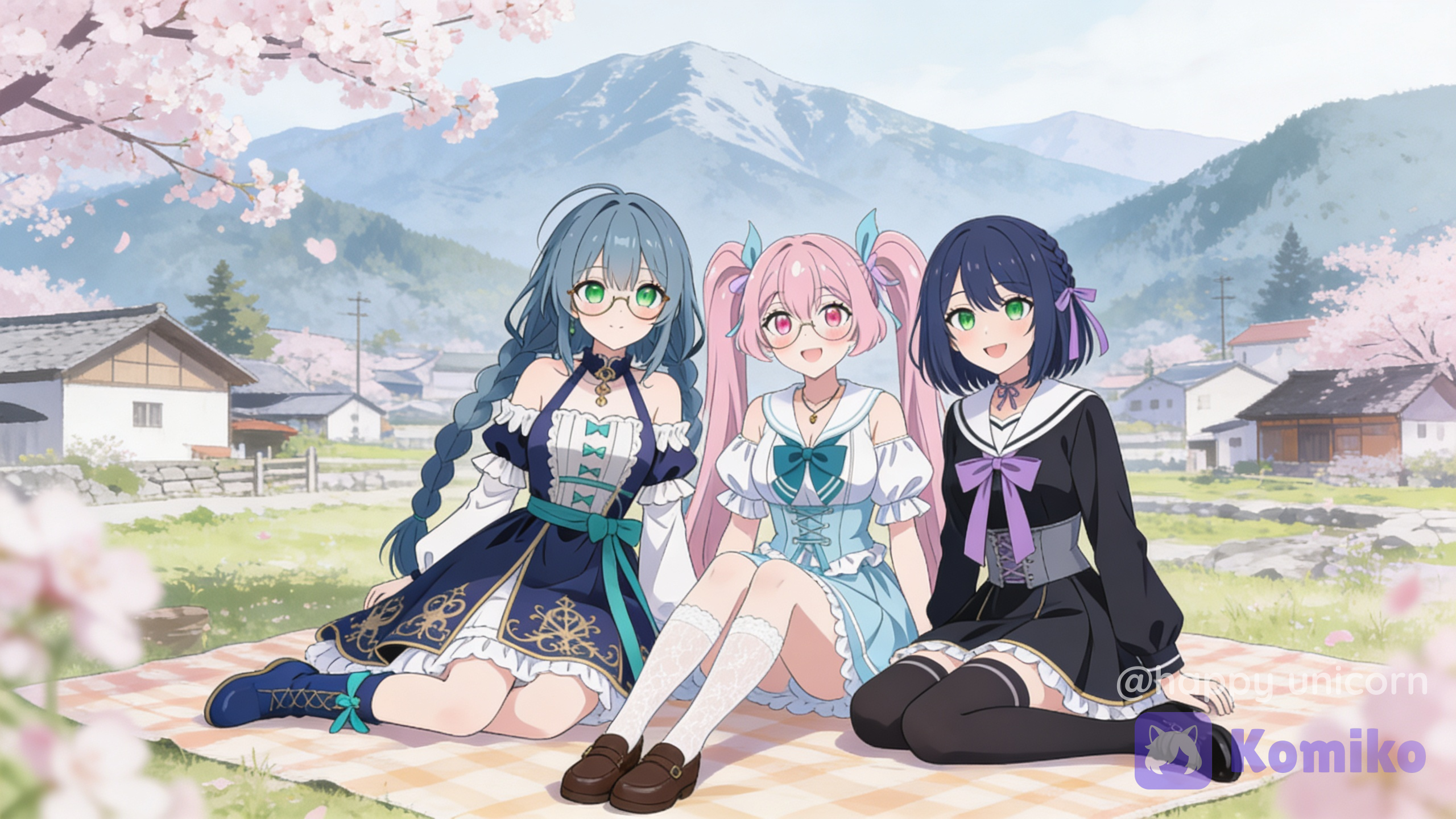 Aoi, Momoka, and Shiori having a picnic in a cherry blossom park